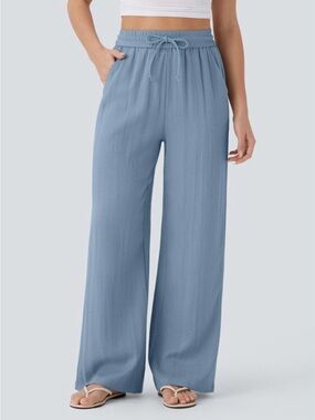HALARA High Waisted Drawstring Pocket Wide Leg Baggy Casual Linen-Feel Pants